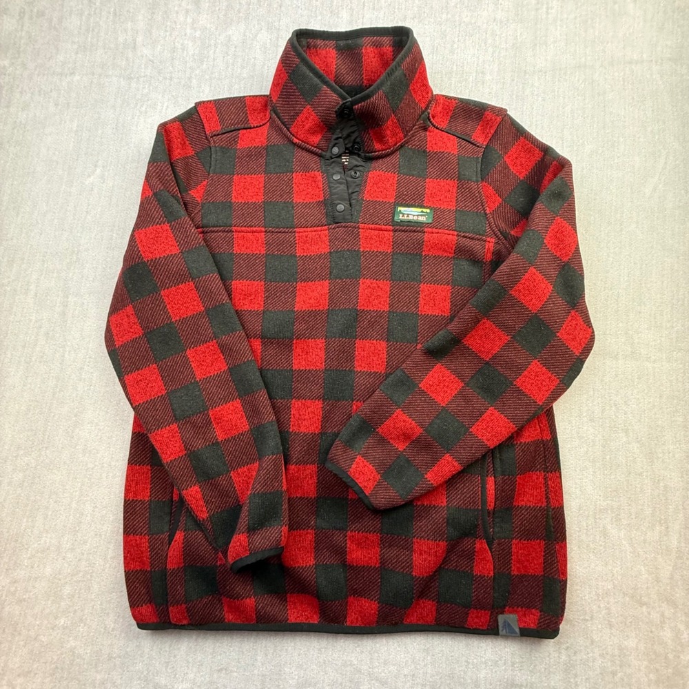 LL Bean Sweater Fleece Pullover Red Black Buffalo Plaid Snap Mock Neck 500757 L